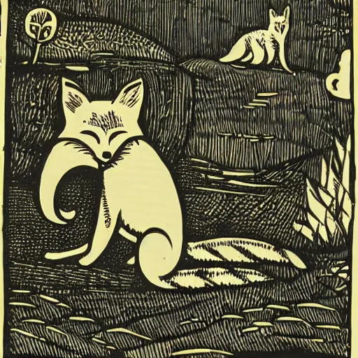 Image similar to anthropomorphic fox doing fieldwork, woodcut