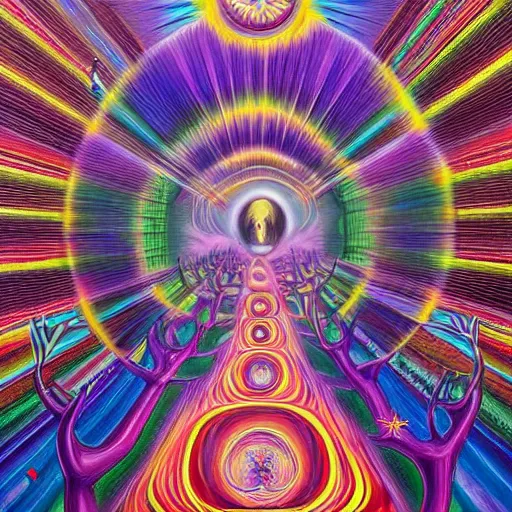 Prompt: highly detailed painting of a psychedelic stanley kubrick movie scene filled with magical energy by mad dog jones and alex grey