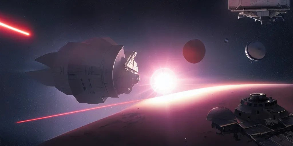 Image similar to hyper realistic sci - fi matte concept art painting of a space satellite shooting a laser down at earth, beautiful details, strong composition painted by kim jung guweta studio rutkowski, james gurney and greg rutkowski, and lucasfilm, smooth, intricate, detailed, sharp focus, cinematic