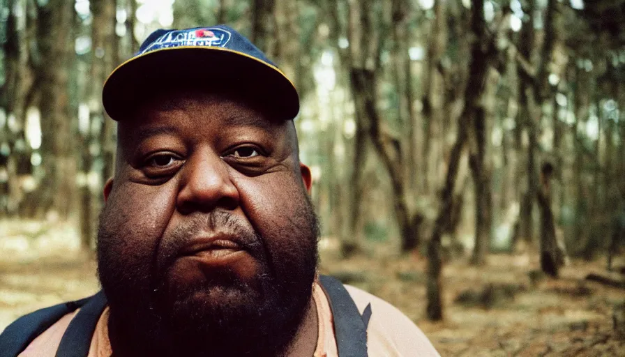 Image similar to far view, extremely fat obese forrest whitaker with long beard, wearing dirty overalls, dirty greasy face, grin, portrait, close up, kodak gold 2 0 0, 5 0 mm,