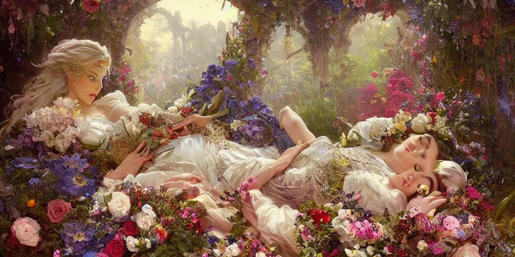 Image similar to an elaborate coffin with a mysterious sleeping beauty holding a large bouquet of flowing flowers,, fantasy, regal, intricate, by stanley artgerm lau, greg rutkowski, thomas kindkade, alphonse mucha, loish, norman rockwell