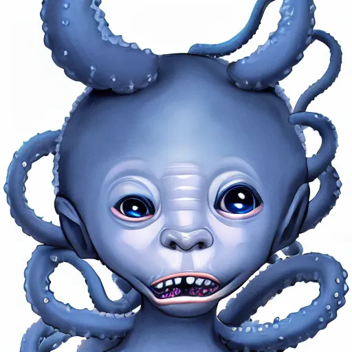 Image similar to character design of an adorable baby faced alien portrait with tentacles on the sides of it's mouth, blue, tiny horns