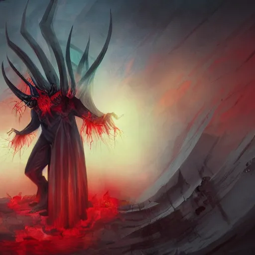 Prompt: the fall of super mad and with extrem anger lucifer in hell, oppressive and dark amotsphere with many shadows and dark red highlights, concept art by aleksandra waliszewska