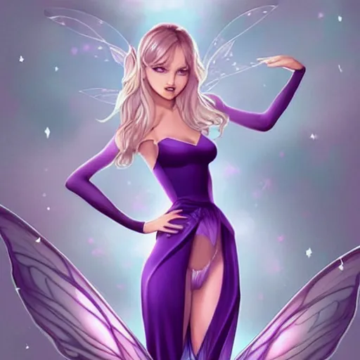 Image similar to very very very beautiful tiny fairy woman in her 20s with fairy wings wearing skintight purple dress, making eye contact, smiling, flirty, perfect body, perfect face, drawn by artgerm