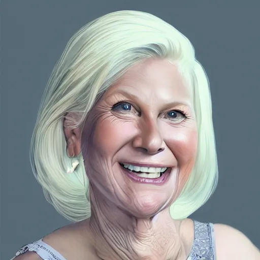 Image similar to 6 0 year old mildly overweight american blonde woman, welcoming grin, wearing black, both arms completely filled with lavender hydrangeas, small white dog at her side, portrait, headshot, in the style of alexis franklin, thomas river, ross tran, wlop, artgerm, detailed, high quality