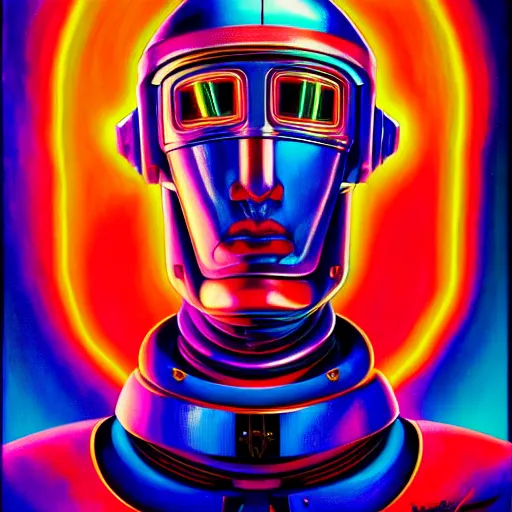 Prompt: bust portrait of psychedelic robot, beautiful colours, sharp textures, biotechnology, nikolay georgiev, alex ross, bruce pennington, donato giancola, larry elmore, masterpiece, oils on canvas, trending on artstation, featured on pixiv, cinematic composition, sharp, details, hyper - detailed, hd, hdr, 4 k, 8 k