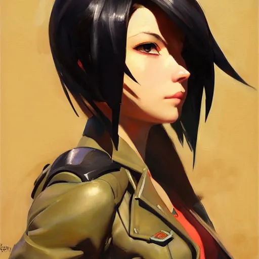 Image similar to Greg Manchess portrait painting of Mikasa Ackermann as Overwatch character, medium shot, asymmetrical, profile picture, Organic Painting, sunny day, Matte Painting, bold shapes, hard edges, street art, trending on artstation, by Huang Guangjian and Gil Elvgren and Sachin Teng