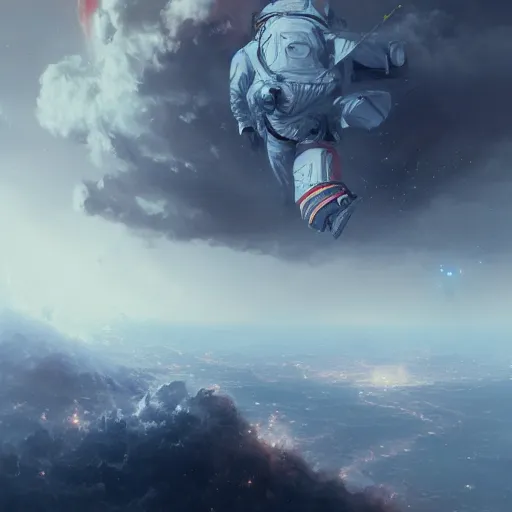 Image similar to dead astronaut falling through the clouds in jupiter, by cedric peyravernay, highly detailed, excellent composition, cinematic concept art, dramatic lighting, trending on artstation