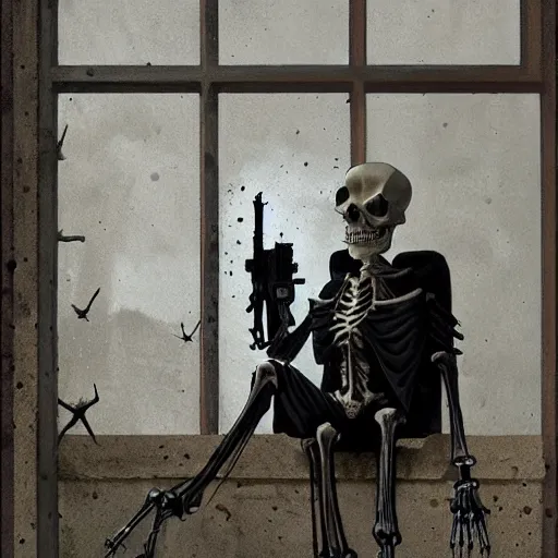 Prompt: a skeleton wearing a black suit and horned rim glasses staring out of the window holding a shotgun by greg rutkowski and anton semenov