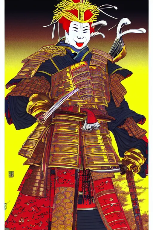 Image similar to poster of ronald mcdonald as a samurai, wearing sengoku - era shogunate armor and helmet, by yoichi hatakenaka, masamune shirow, josan gonzales and dan mumford, ayami kojima, takato yamamoto, barclay shaw, karol bak, yukito kishiro