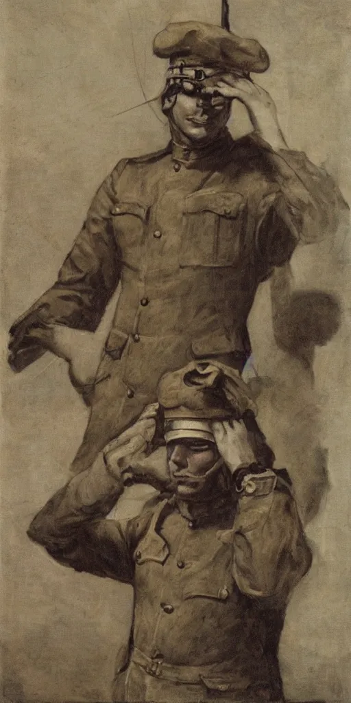 Image similar to portrait of a blindfolded soldier saluting