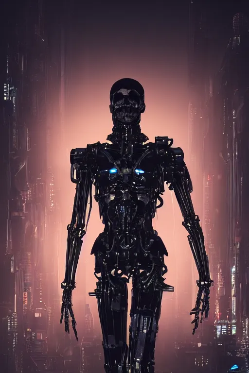 Prompt: skeletal black mecha (carbon fiber) cyberpunk 2077 long limbs black panels reflective. Skeletal face android face one eye ((glowing_red_eye)) exposed wiring cable wire harness RTX On UE5 Artstation Bladerunner 2049 scene