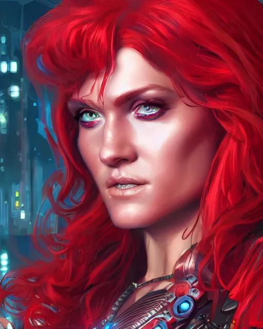 Prompt: a stunning close up portrait of red sonja as a cyberpunk princess, digital art by ross tran and dan mumford, highly detailed, artstationhq