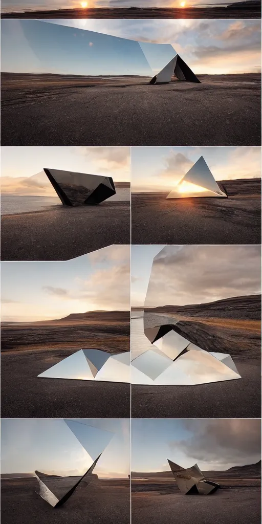 Image similar to futuristic angular architect giant golum monster made from deconstucted charcoal wood and mirrors, refracted, floating, portal, iceland landscape photography sunset, by lurie belegurschi and gunnar freyr