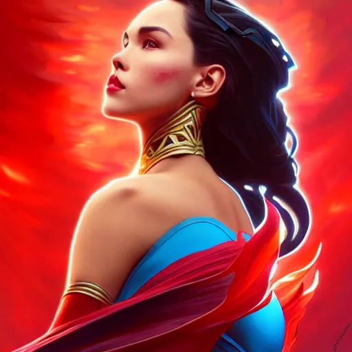 Image similar to catriona gray as darna, volumetric lights, red and cyan theme, art nouveau botanicals, intricate, highly detailed, digital painting, artstation, concept art, smooth, sharp focus, cinematic, illustration, beautiful face, art by artgerm and greg rutkowski and alphonse mucha