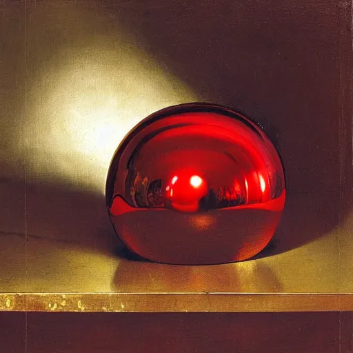 Prompt: chrome spheres on a red cube by willem kalf