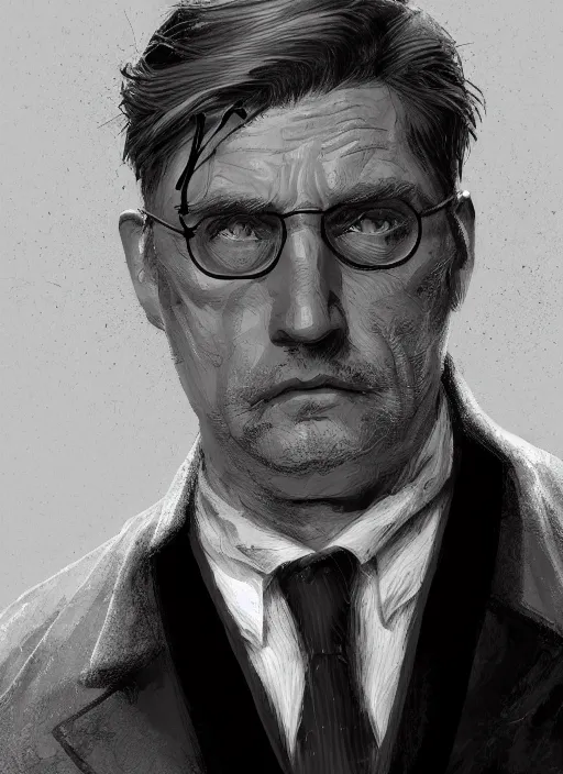 Prompt: a highly detailed illustration of 6 7 year - old clean - shaven chubby white man wearing black detective coat with necktie, heroic pose, strings background, intricate, elegant, highly detailed, centered, digital painting, artstation, concept art, smooth, sharp focus, league of legends concept art, wlop.