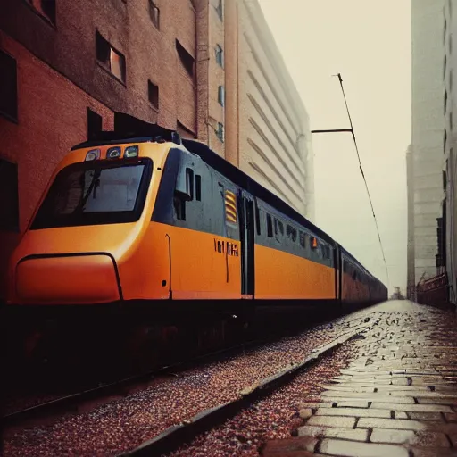 Prompt: 1990s perfect 8K HD professional cinematic photo of a train in dystopian city, at evening during rain, at instagram, Behance, Adobe Lightroom, with instagram filters, depth of field, taken with polaroid kodak portra