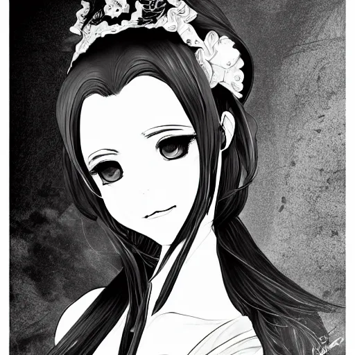 Image similar to a woman smiling, baroque style, black and white, elegant, beautiful, mesmerizing, concept art, fancy clothing, highly detailed, artstation, behance, deviantart, inspired by innocent manga, trending, shinichi sakamoto