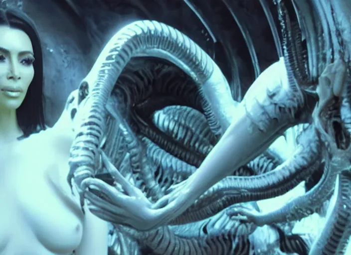 Image similar to film still of kim kardashian swallowed being ingested by an xenomorph, alien goo, transparent goo, transparent liquid, saliva, 8 k