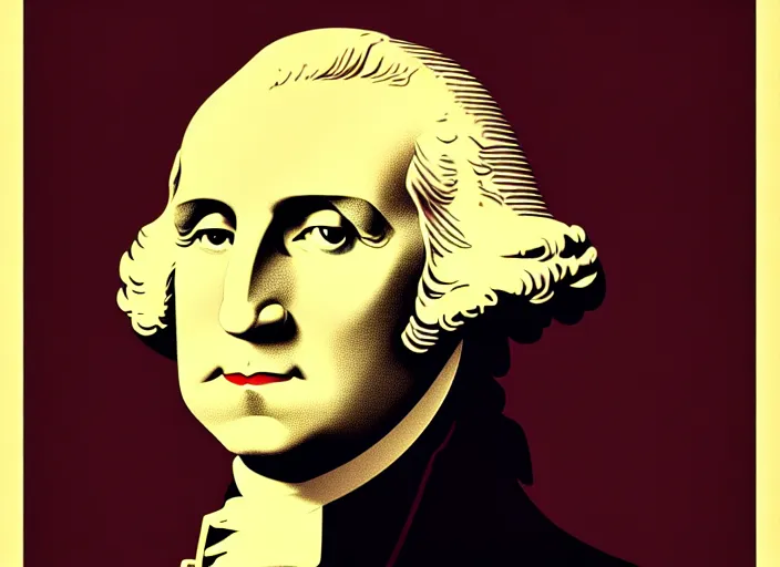 Image similar to portrait of George Washington,modern art deco, Mads Berg, Karolis Strautniekas,small finely stippled light, dramatic lighting,fine texutre,propaganda poster, editorial illustration, detailed, matte print, film noir, dynamic composition,moody,dark red, dark blue, beige, black