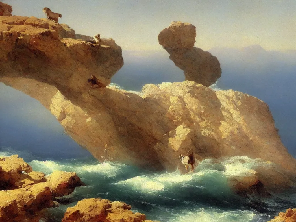 Image similar to big cat the size of a ship over the ocean, rocks, near the shore, aivazovsky style, oil painting, high quality, realism