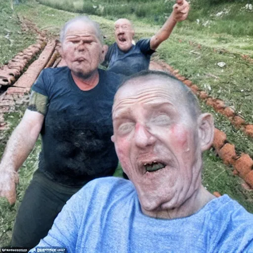 Image similar to last selfie of last alive funny scared ukrainian very damaged body to bones, bleeding running from nuclear explosion, big nuclear explosion at background