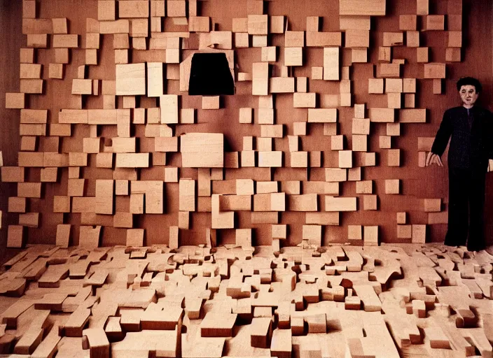 Prompt: realistic photo portrait of the a human computer made of wooden fragments levitating in the living room wooden walls 1 9 9 0, life magazine reportage photo
