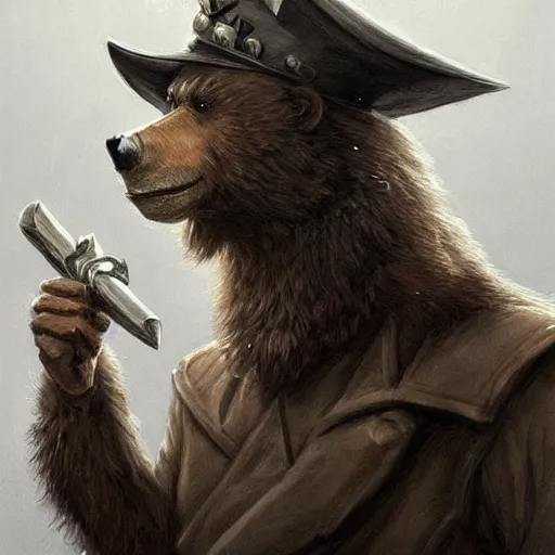 Image similar to dashing charming grinning charismatic bear beast-man rogue, wearing captain's tricorne hat, naval background, amazing, lifelike award winning pencil illustration trending on art station artgerm Greg rutkowski cinematic