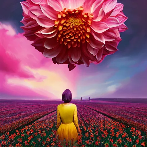 Image similar to giant dahlia flower as head, full body girl standing in a flower field, surreal photography, sunrise, dramatic light, impressionist painting, colorful clouds, digital painting, artstation, simon stalenhag