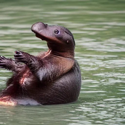 Prompt: platypus uses its own tail as paddle to hit a ball, national geographic, wildlife photography, 4 k, documentary