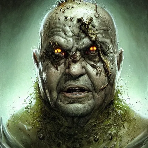 Image similar to closeup portrait shot of joe pesci as nurgle, the lord of pestilence, the plaguefather, great corrupter, decay, highly detailed, digital painting, artstation, concept art, soft focus, depth of field, artgerm, tomasz alen kopera, peter mohrbacher, donato giancola, wlop, boris vallejo