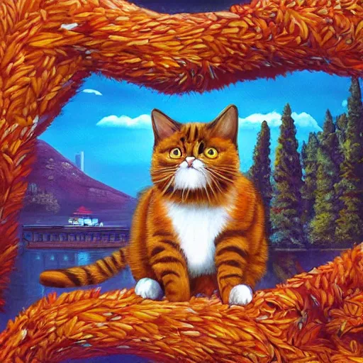 Image similar to cat in a beautiful city of the future in harmony with nature. Beautiful detailed painting by Lurid. (2022)