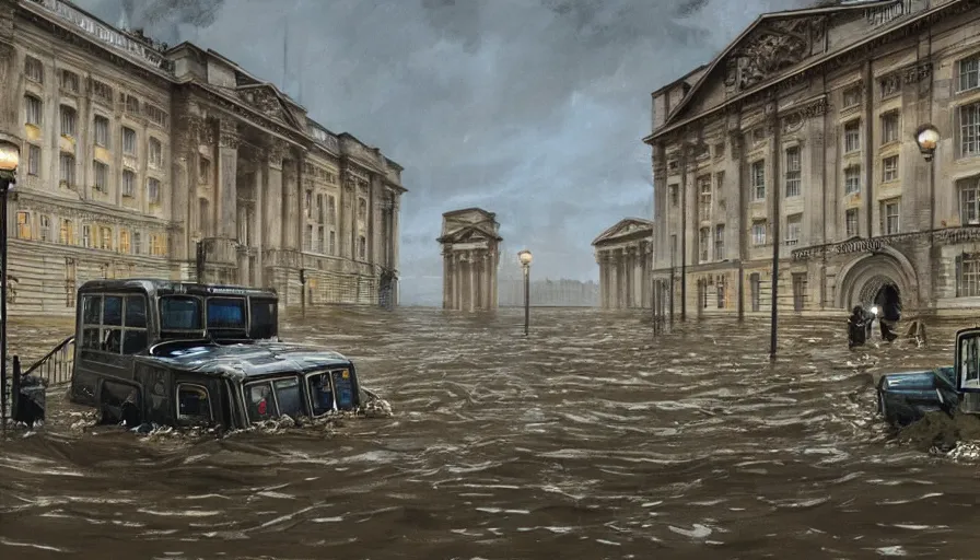 Image similar to A detailed render of a post apocalyptic scene of Buckingham palace in London ruined and devastated by flooding, broken down rusty london buses in flood water, sci-fi concept art, by Syd Mead, highly detailed, oil on canvas