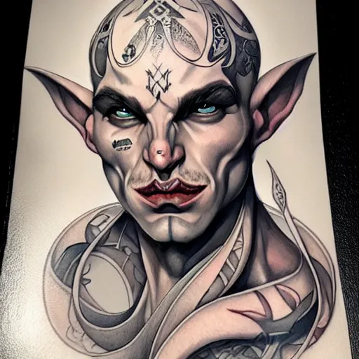 Prompt: handsome pale white tiefling with ink stylized tattoos, draconic masculine male shaman, portrait by Artgerm, peter mohrbacher W 704
