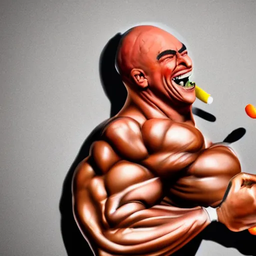 Image similar to extremely muscular man with peeled orange as head, and crayon painted face, excessively grinning, wide eyed, hyperrealistic, unreal engine, claymation