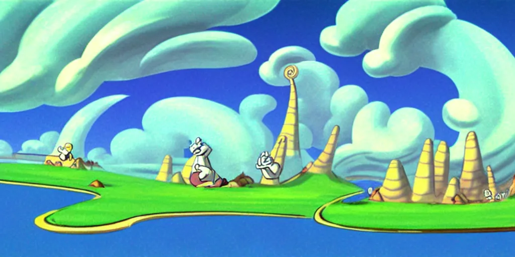 Prompt: chubby cartoon concept art, spiral clouds sky, from sam and max