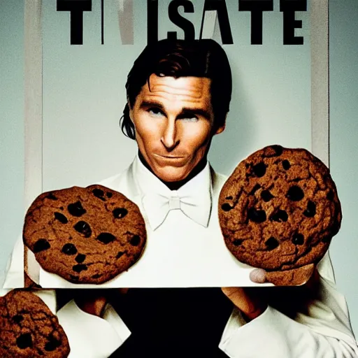 Image similar to Christian Bale as Patrick Bateman wearing a suit whilst holding a cookie, film poster