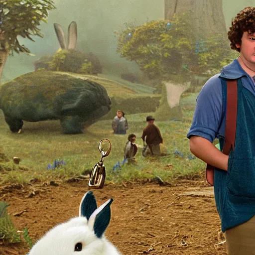 Prompt: frowning clean shaven pudgy British lad with short curly dark brown hair as a hobbit wearing a white men's crossbody sling chest bag and blue vest standing next to a giant rabbit, blue vest! white crossbody chestbag! high resolution film still, movie by Peter Jackson