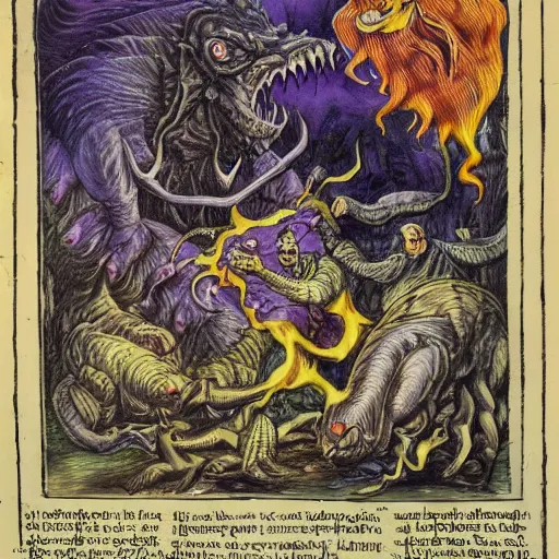 Image similar to bizarre bestiary of repressed emotional monsters and creatures starting a fiery revolution in the psyche