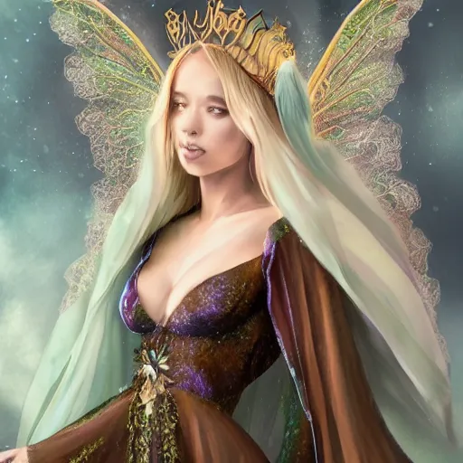 Prompt: a fairy queen with wings wearing a magic silk and lace robe with a hood, crown, pixie, iris, realism, emerald, galaxy, sapphire,blonde hair going down to the floor, moonlit, dark fantasy, dramatic lighting, cgsociety, artstation