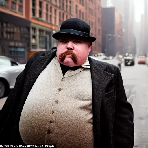 Image similar to closeup portrait of obese peaky blinders in a new york street, by Steve McCurry and David Lazar, natural light, detailed face, CANON Eos C300, ƒ1.8, 35mm, 8K, medium-format print