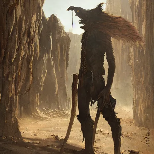 Image similar to a goblin stands in the middle of the dirt trail, his leather clothing hangs loosely, official art by greg rutkowski, featured