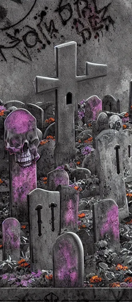 Image similar to an closeup astatic d 1 0 4 microphone with a detailed matte painting of a muted skullpunk vaporwave ombre. a small creepy garden at night with cross - shaped tombstone and pumpkins. detailed with strong clean lines.