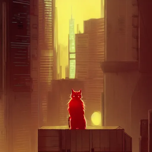 Image similar to a red cat sitting on steel beam high above the ground, cyberpunk, bladerunner, futuristic, studio ghibli, anime, smooth, trending on artstation