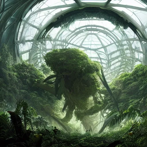 Prompt: epic, ultra detailed, hyper - real alien jungle by greg rutkowski inside a giant fractal dome by zaha hadid