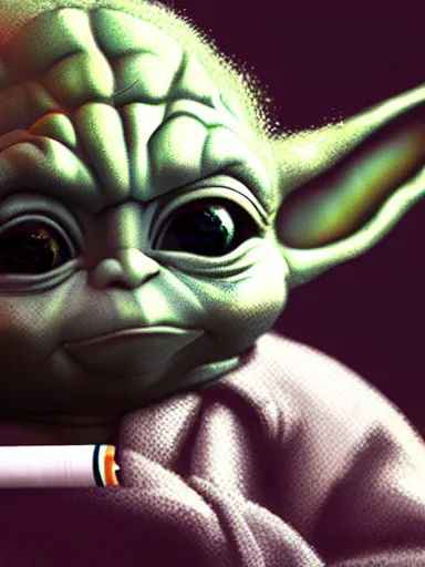 Prompt: baby yoda smocking a joint cigarette, weed, digital painting, artstation, highly detailed