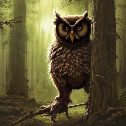 Image similar to three quarter portrait of an owlbear in the forest, d & d, fantasy, greg rutkowski, frank frazetta, alexandre chaudret, boris vallejo, michael whelan, miro petrov, hr giger, magali villeneuve, donato giancola