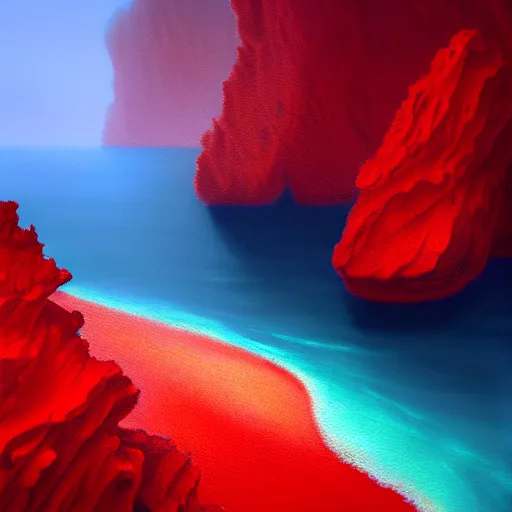 Prompt: gorgeous detailed oil painting of a red sea covered in big blue rocks, the further away the mistier it gets, dark aesthetic, atmospheric, concept art, octane render, unreal engine 5, trending on artstation, high quality, path traced, surreal, trending on deviantart, moody, highly detailed, masterpiece, award winning, 4 k hdr, digital art