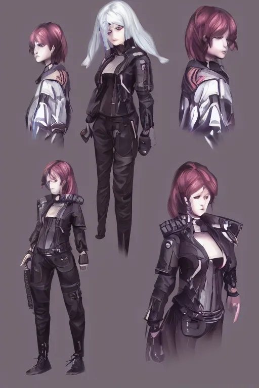 Prompt: a character sheet a cyberpunk girl from Arknights, digital painting, artstation, pixiv